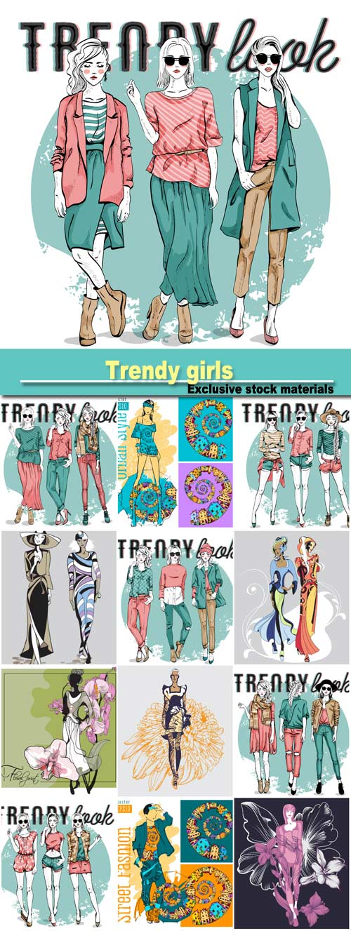 Vector set with trendy girls
