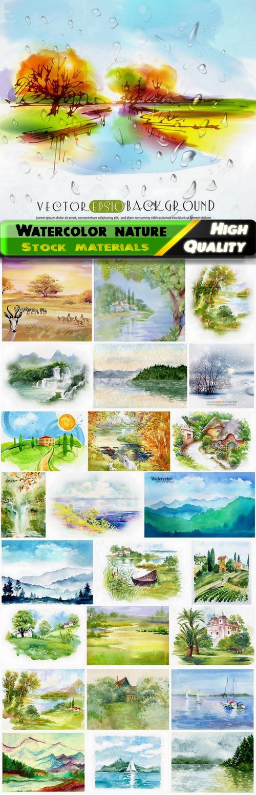 Watercolor nature landscape with forest river mountain - 25 Eps