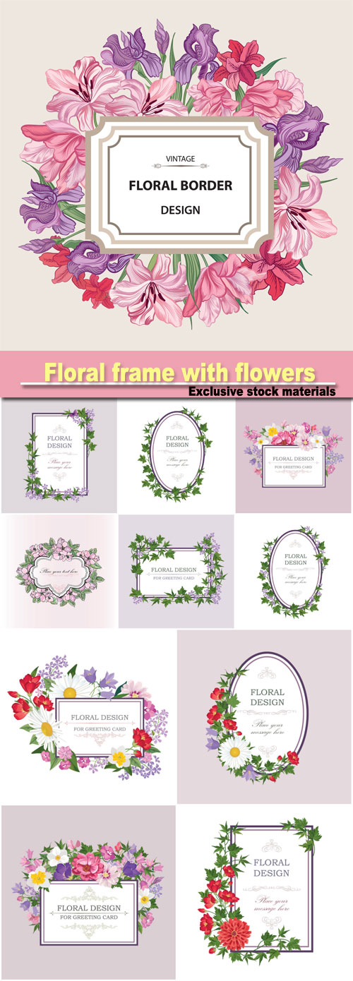 Floral frame with summer flowers, vintage greeting card with flowers