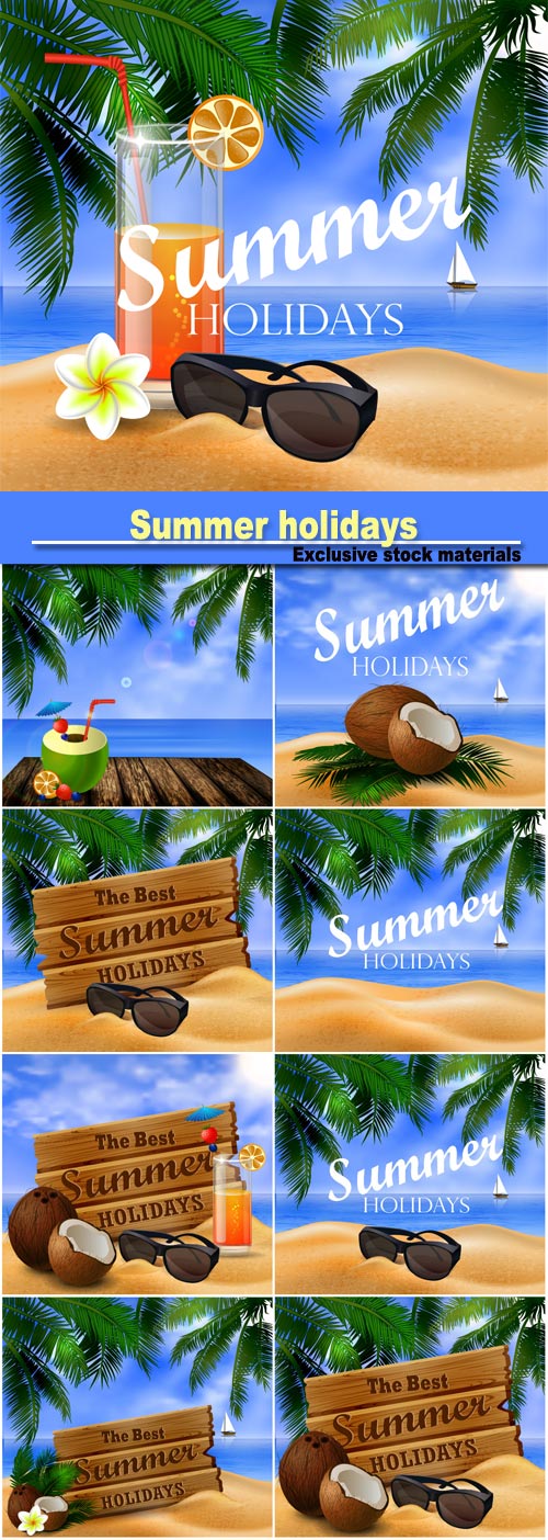 Summer holidays, vector backgrounds with coconuts
