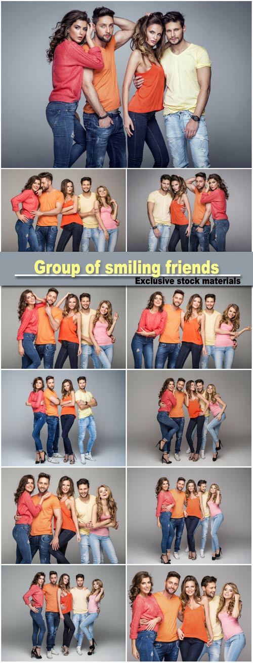 Group of smiling friends in fashionable clothes