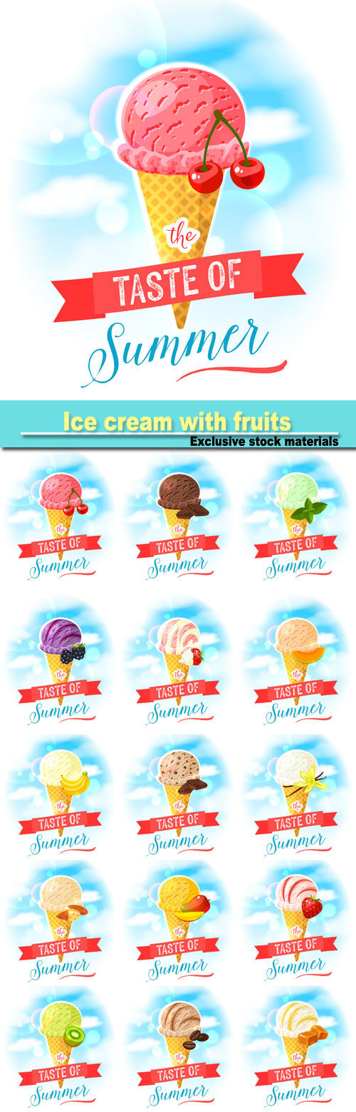 Ice cream with fruits and berries, vector illustration