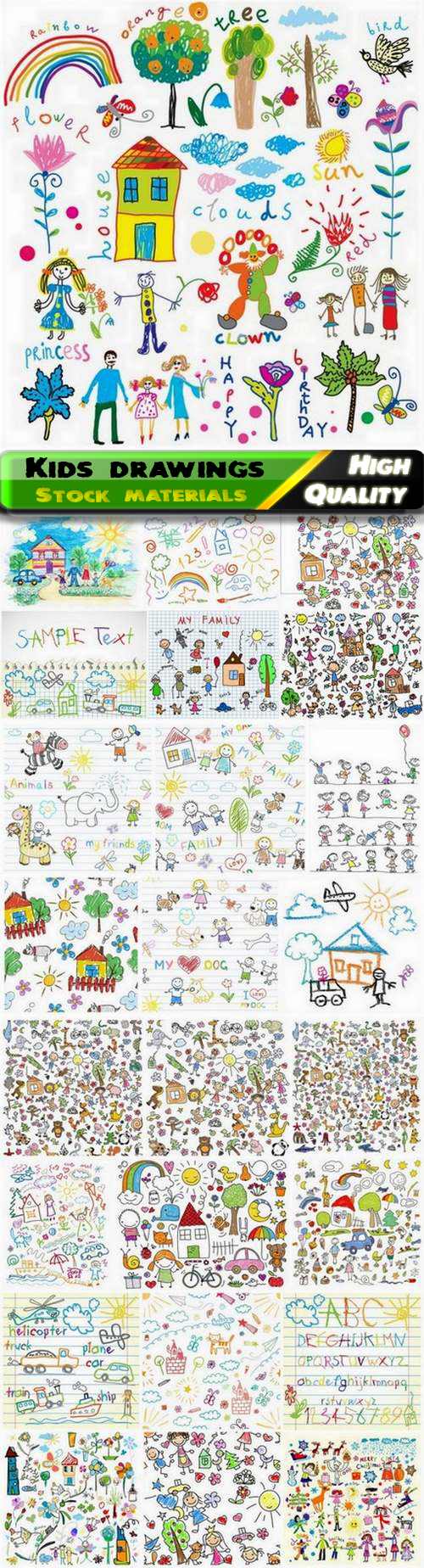 Creative art children and kids pencil and chalk drawings - 25 Eps