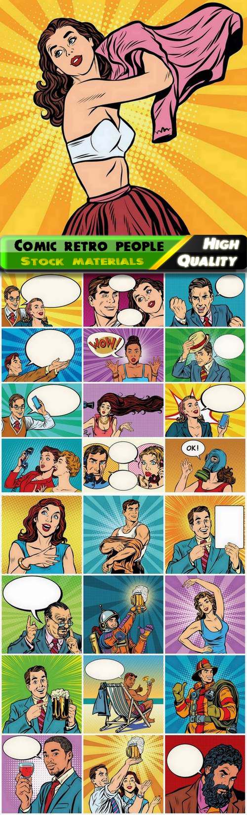 Comic retro man and woman on dots halftone background - 25 Eps