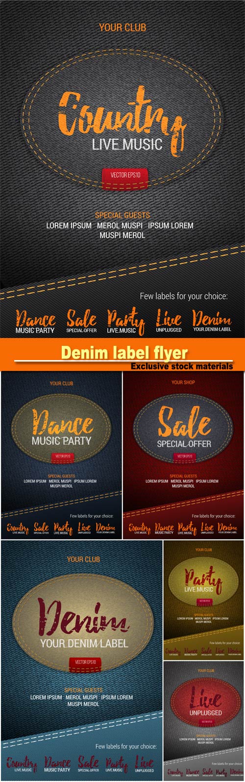 Denim label flyer or banner with denim background, denim label