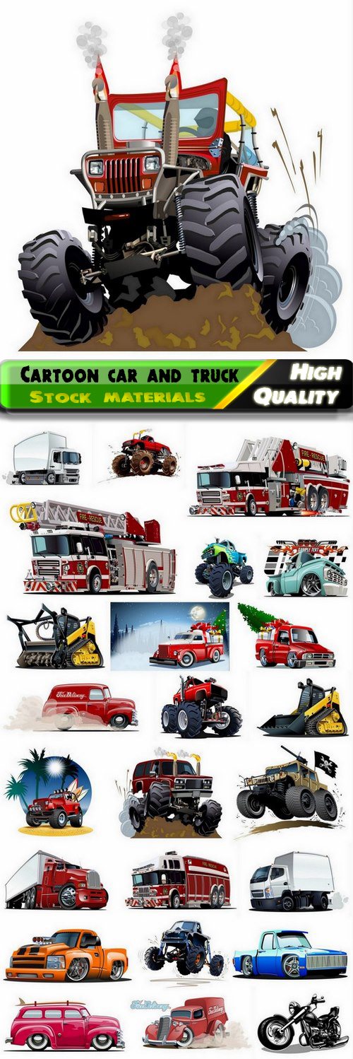 Realistic cartoon car truck and agriculture machine and excavator - 25 Eps