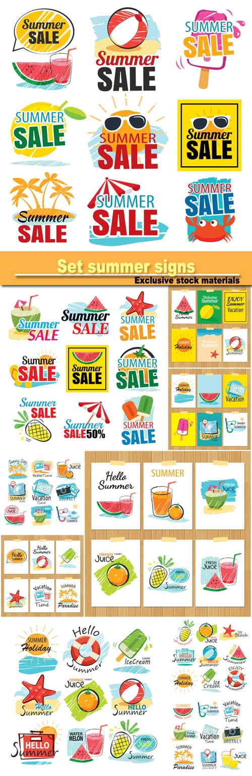 Set of hand drawn summer signs and banners, graphic for summer holiday