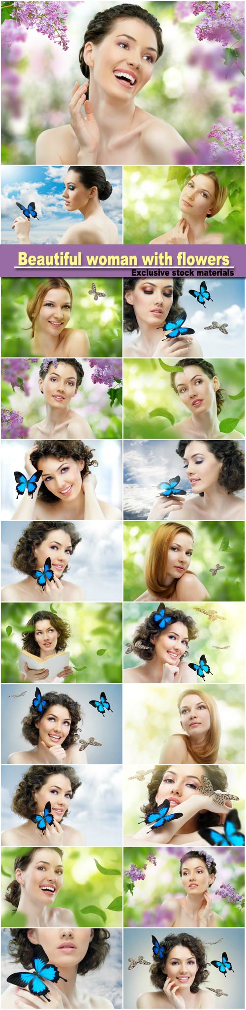 Beautiful woman with flowers and butterflies