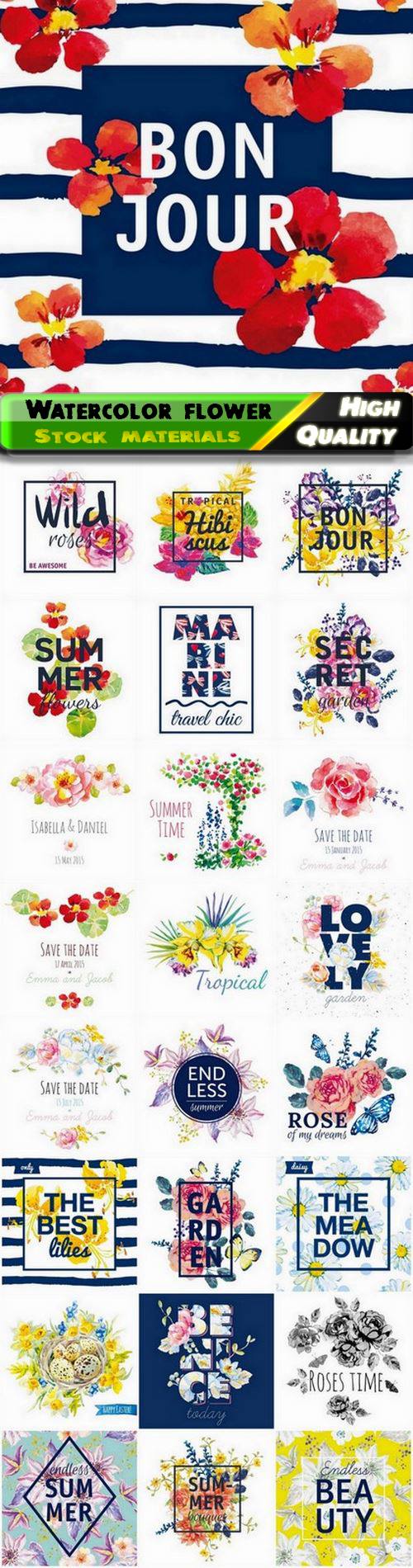 Youth t-shirt print with watercolor summer flower - 25 Eps