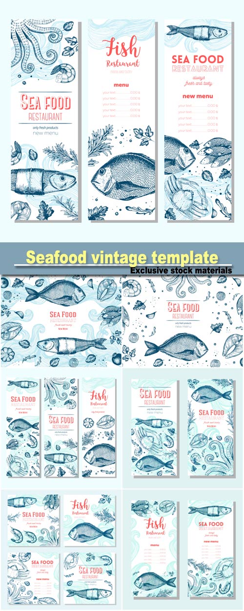 Seafood vintage design template, vertical banners set, fish and seafood restaurant menu