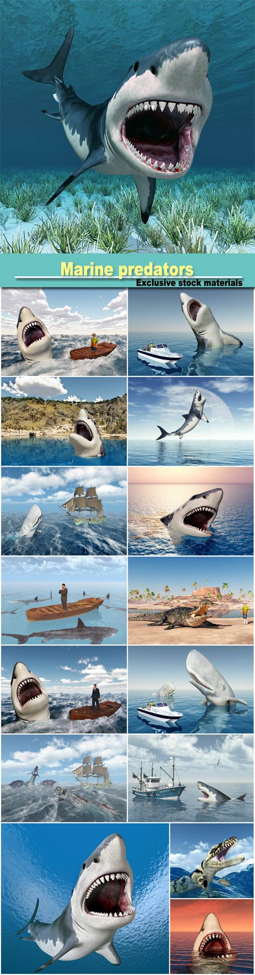 Marine predators, sharks 3D illustration