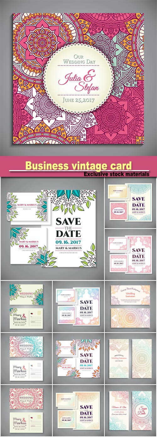 Business card, vintage decorative elements, hand drawn background