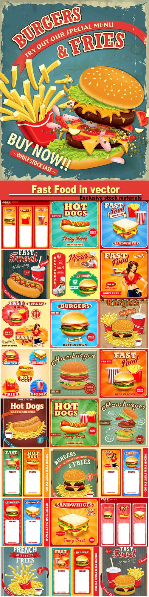 Fast Food in vector labels and backgrounds